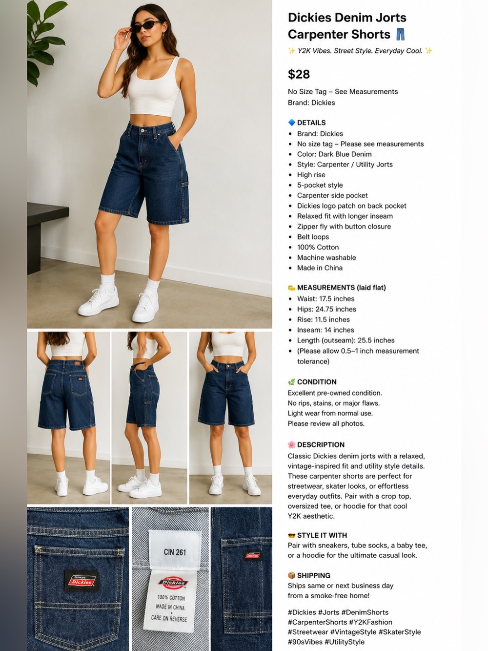 Dickies Denim Carpenter Jorts / Utility Shorts – Y2K Skater Style